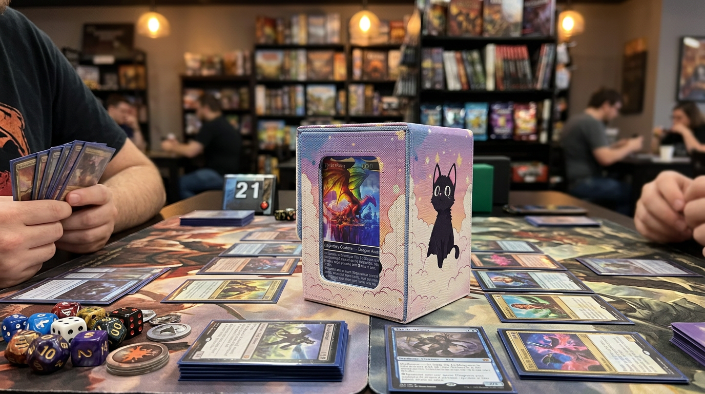 Custom printed deck box with personal artwork beside a stack of cards